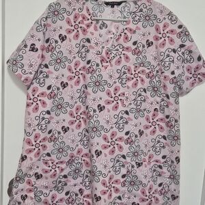 Just Love Pink Floral Heart Scrub Top 1X